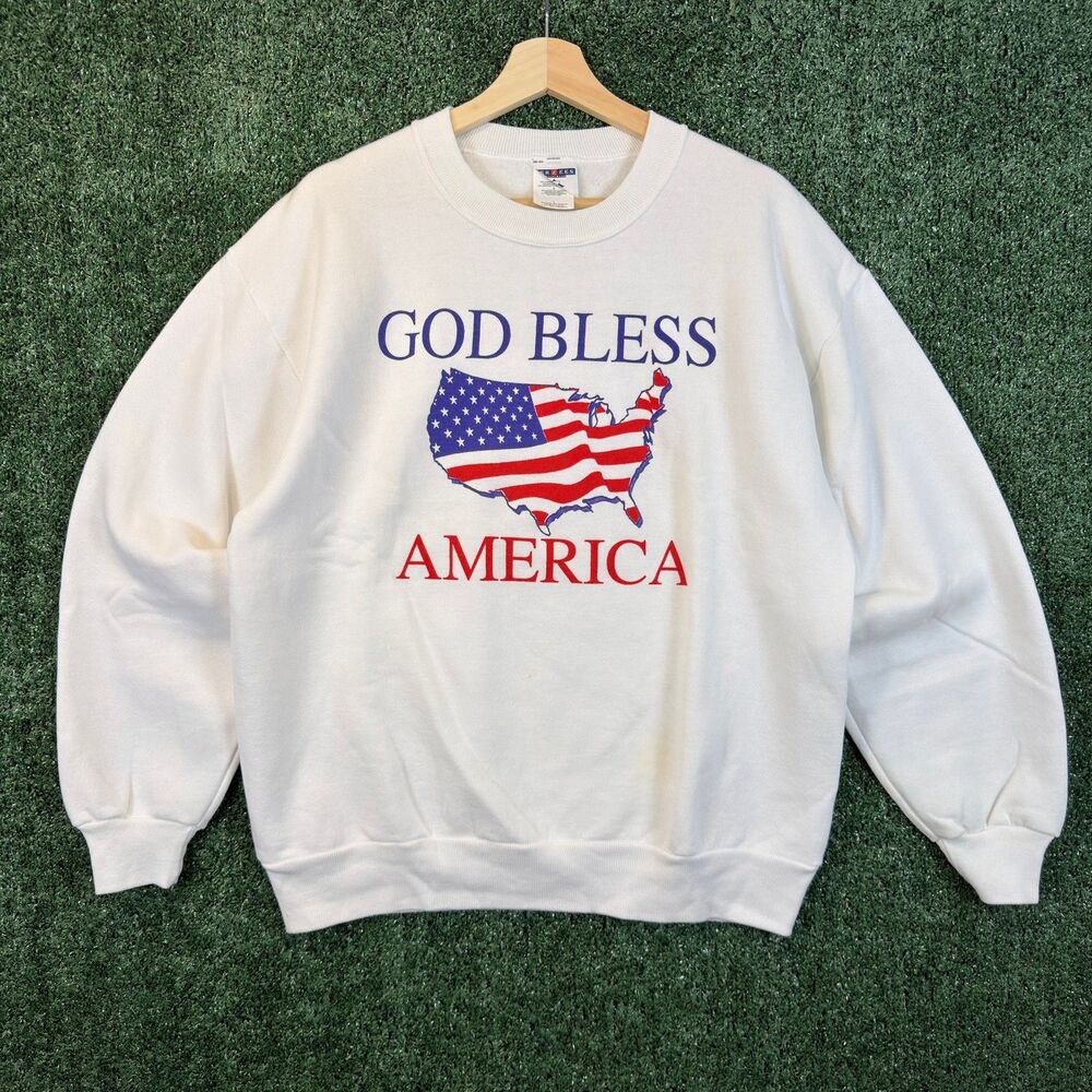 Jerzees Men's God Bless America Sweatshirt L Vintage USA Patriotic Flag Trump